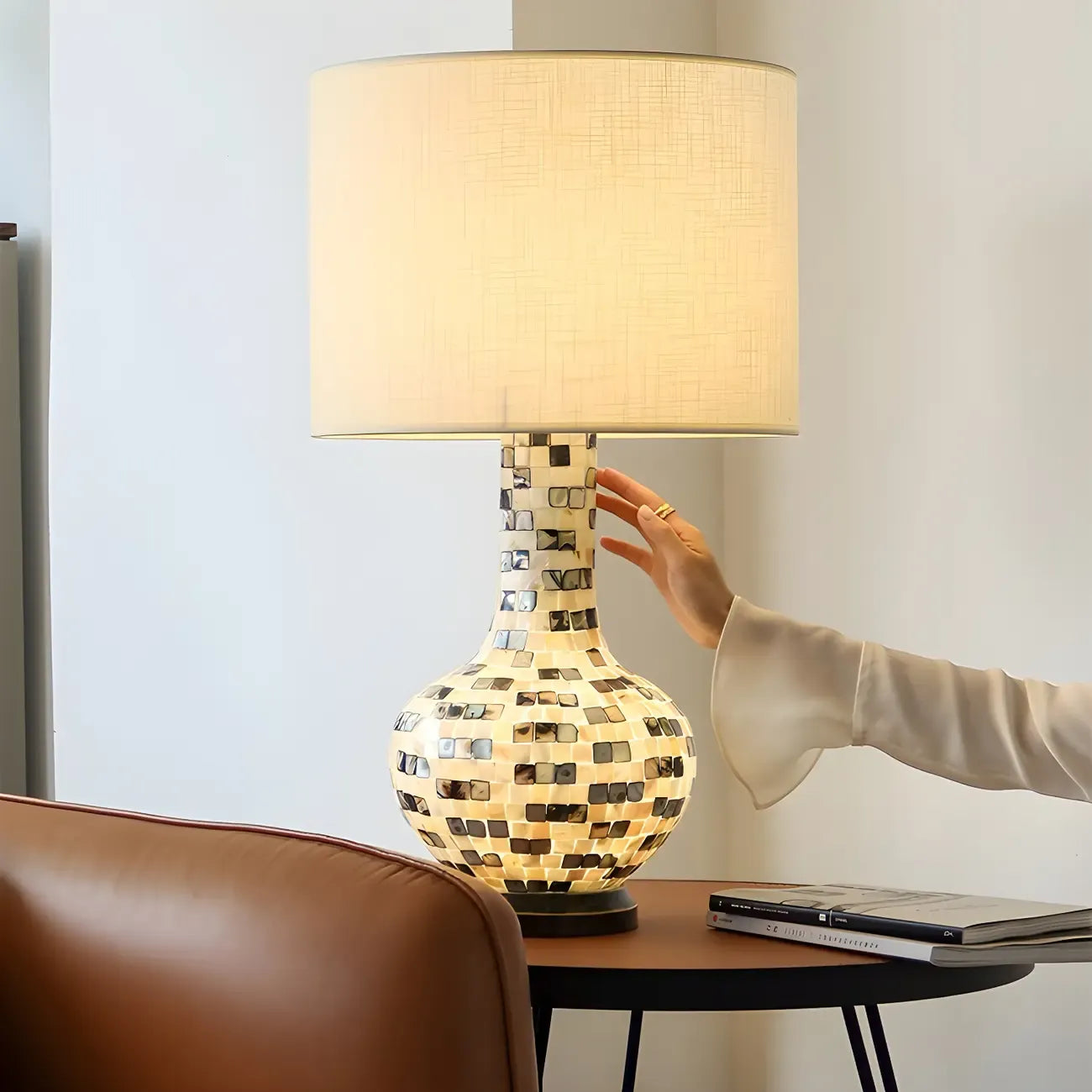 Scandinavian Shell Mosaic Table Lamp in White for Home