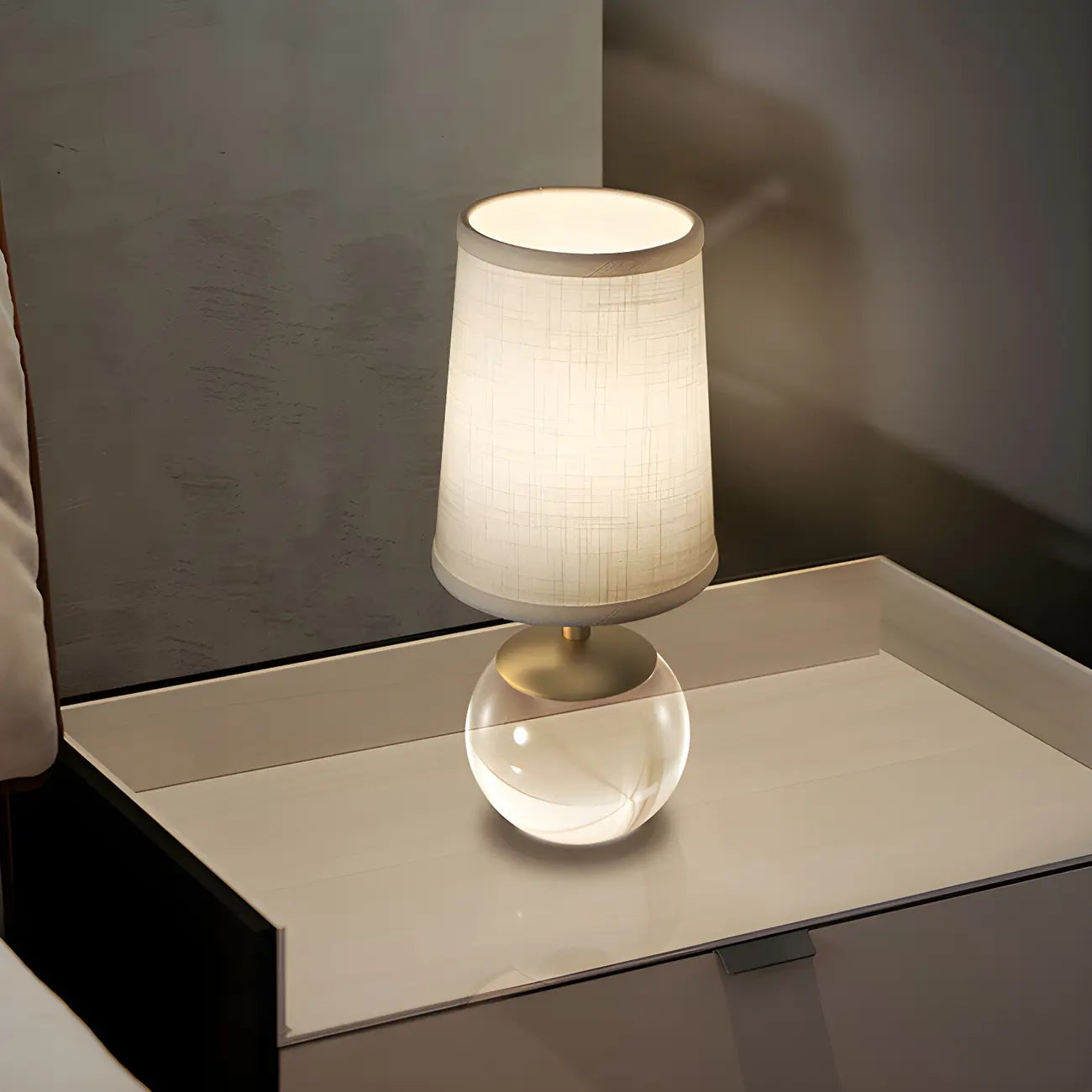 Elegant Clear Glass Bedside Lamp White Geomatric Shade