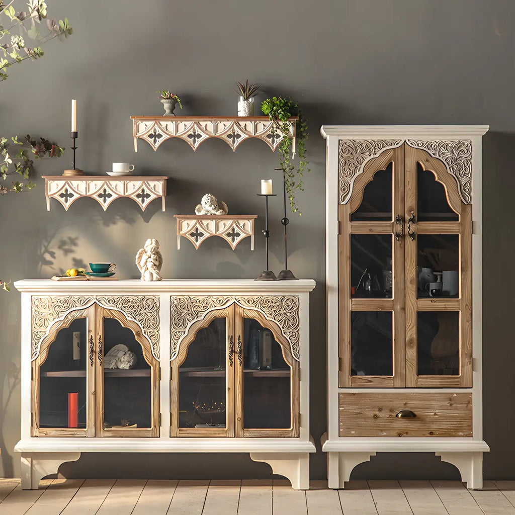 Elegant Arched Glass Doors White Wood China Cabinet