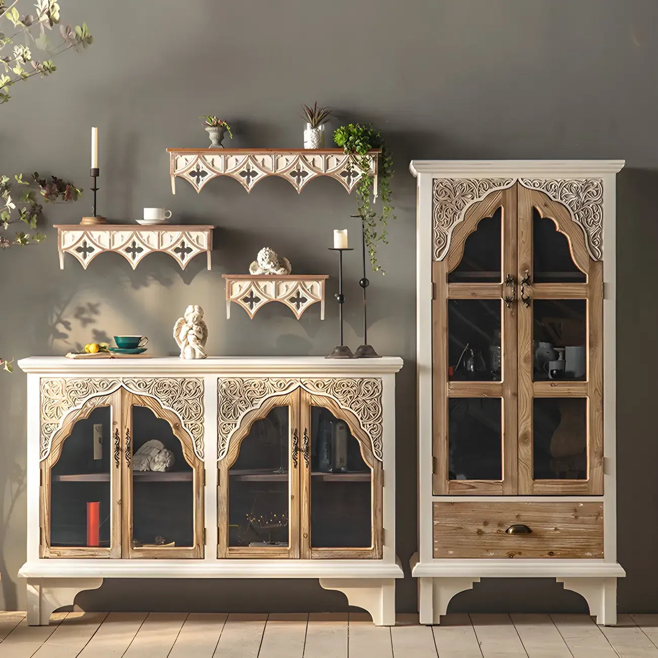 Elegant Arched Glass Doors White Wood China Cabinet