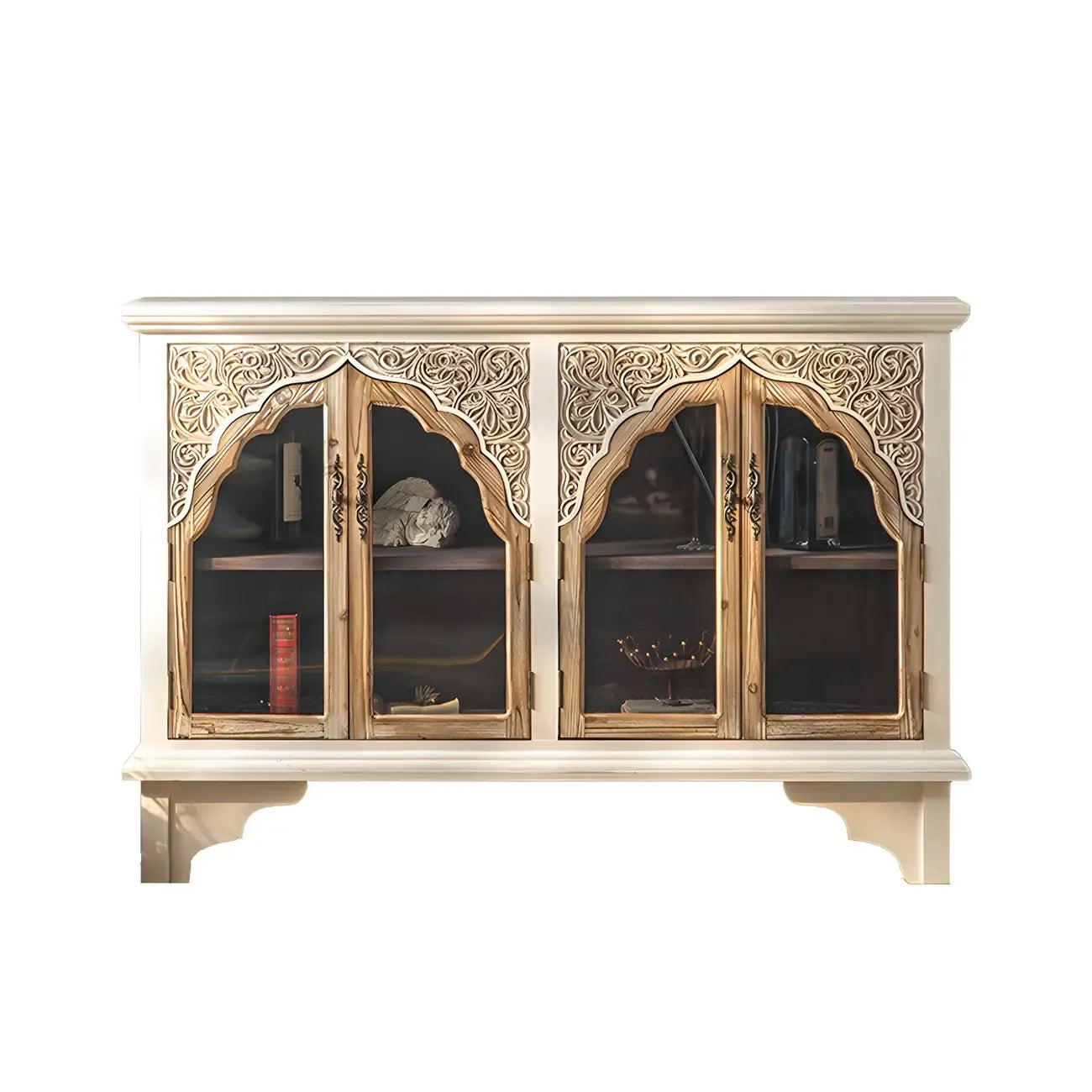 Elegant Arched Glass Doors White Wood China Cabinet
