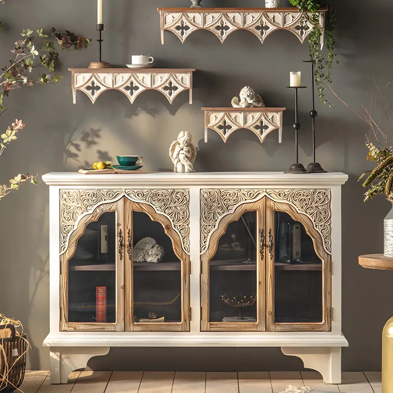 Elegant Arched Glass Doors White Wood China Cabinet