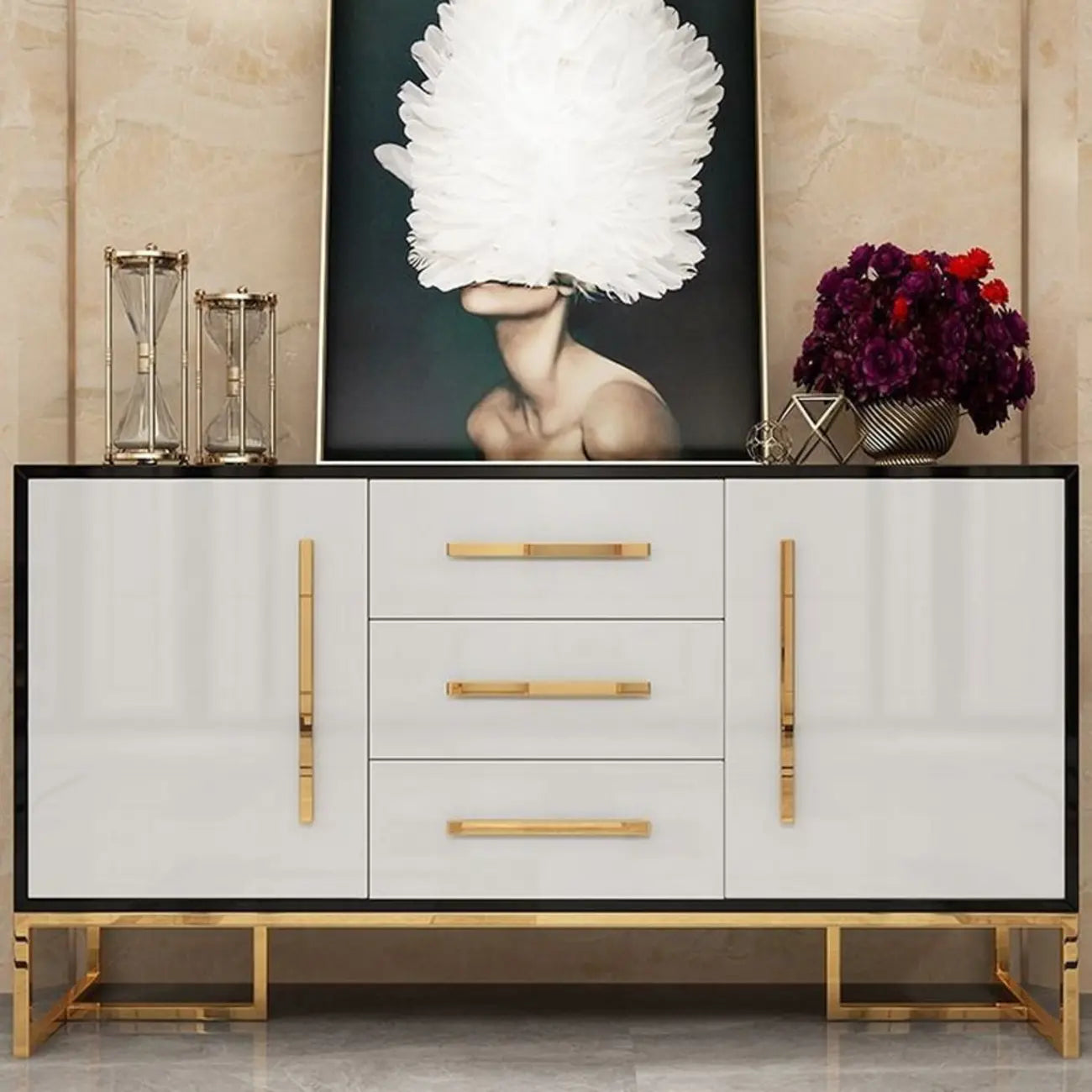 Glam Black Rectangle Accent Cabinets with Drawers & Doors