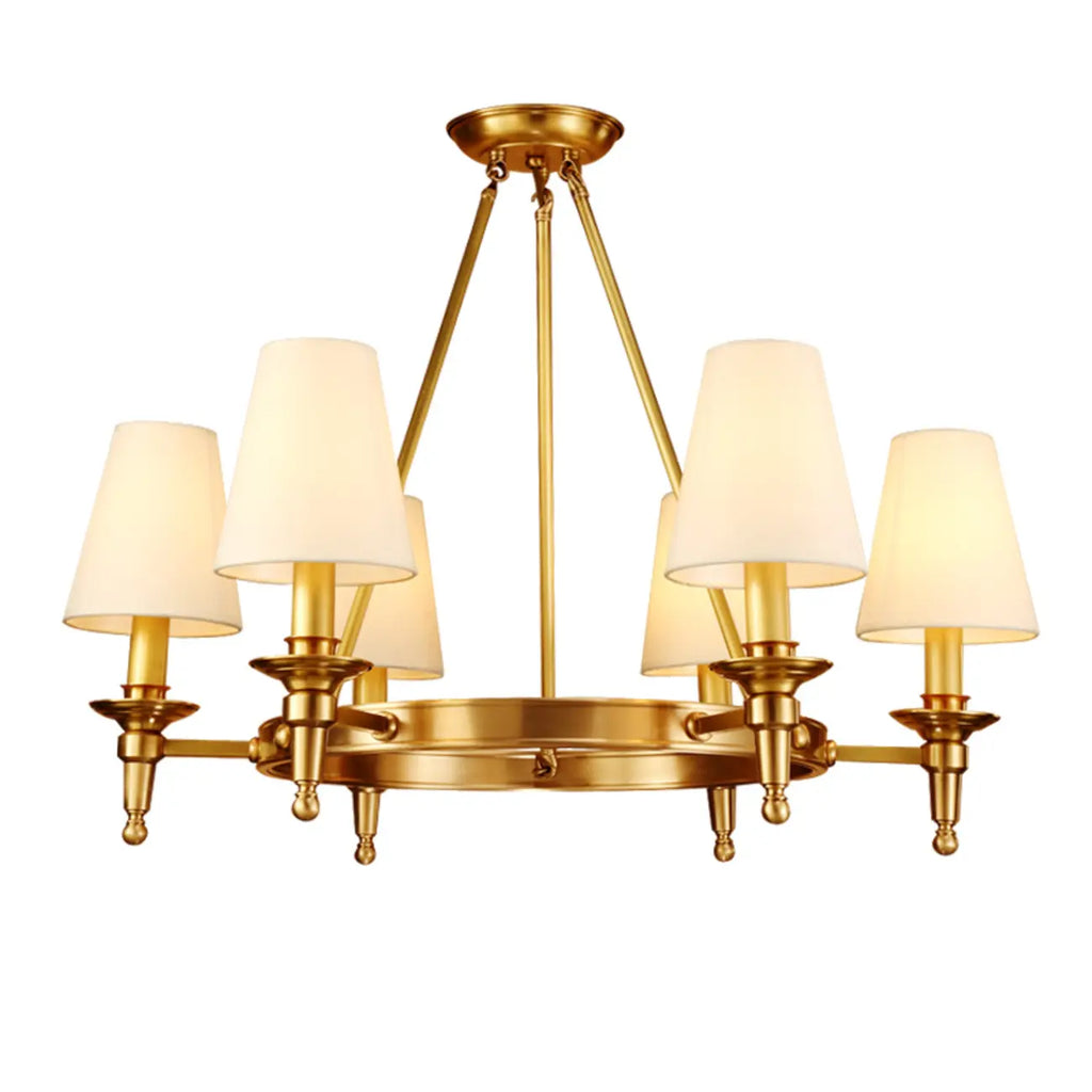 Vintage Gold Round Chandelier with Fabric Cone Lampshade