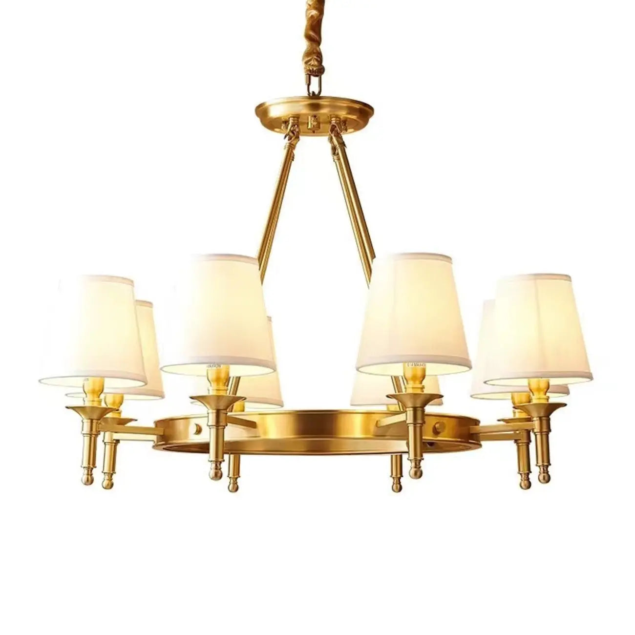 Vintage Gold Round Chandelier with Fabric Cone Lampshade