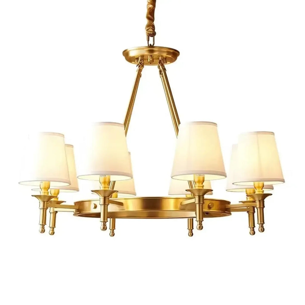 Vintage Gold Round Chandelier with Fabric Cone Lampshade