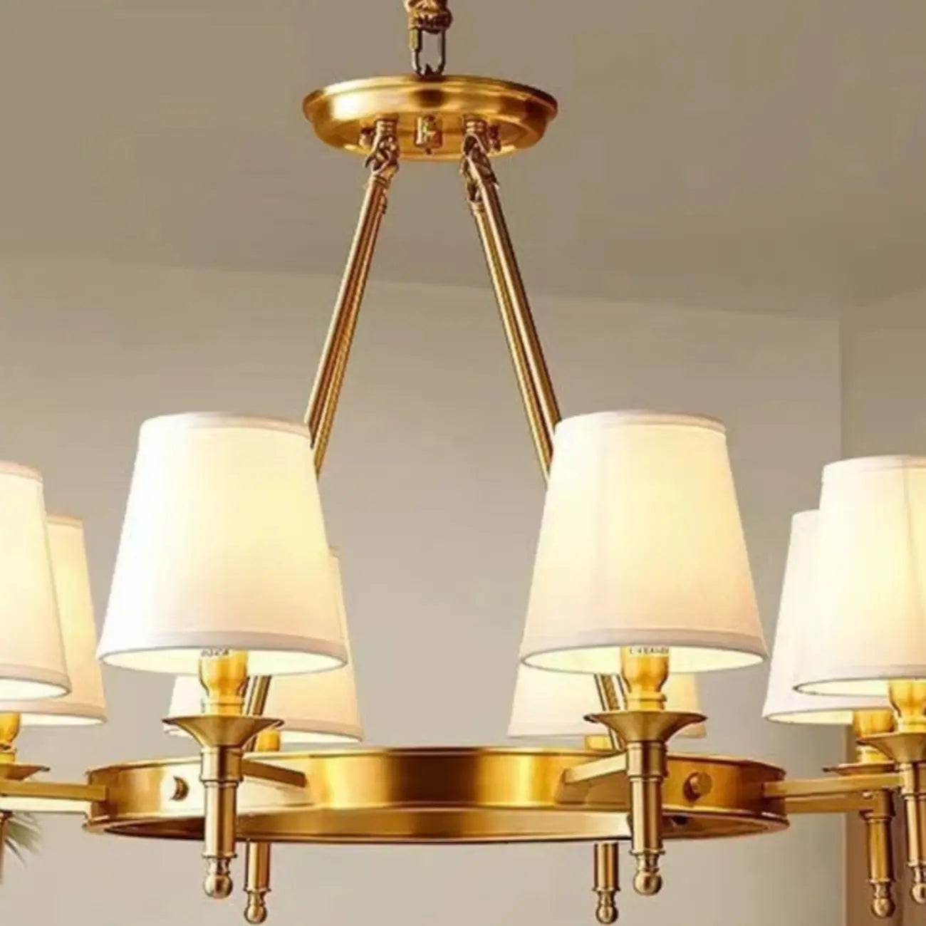 Vintage Gold Round Chandelier with Fabric Cone Lampshade