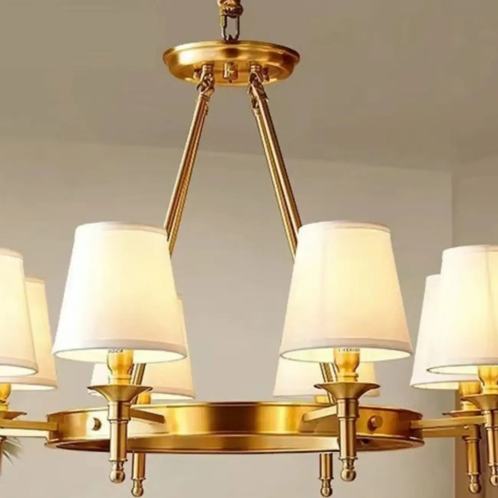 Vintage Gold Round Chandelier with Fabric Cone Lampshade