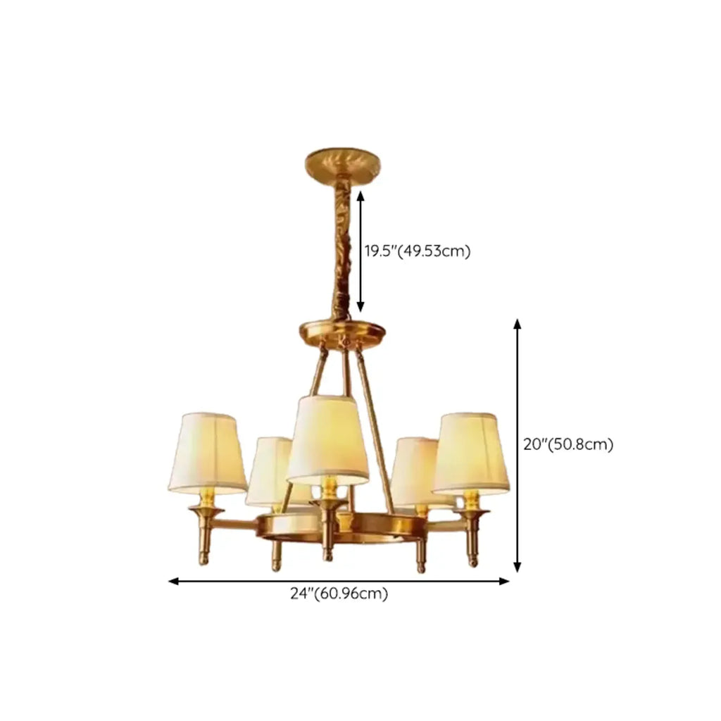 Vintage Gold Round Chandelier with Fabric Cone Lampshade