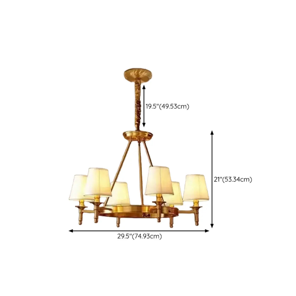 Vintage Gold Round Chandelier with Fabric Cone Lampshade