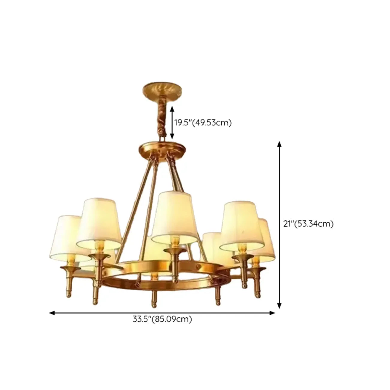 Vintage Gold Round Chandelier with Fabric Cone Lampshade