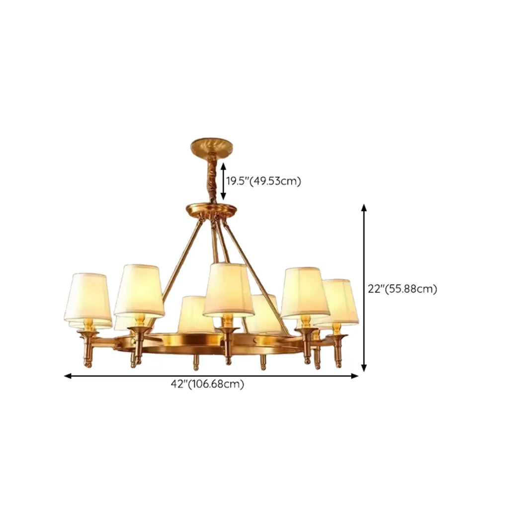 Vintage Gold Round Chandelier with Fabric Cone Lampshade