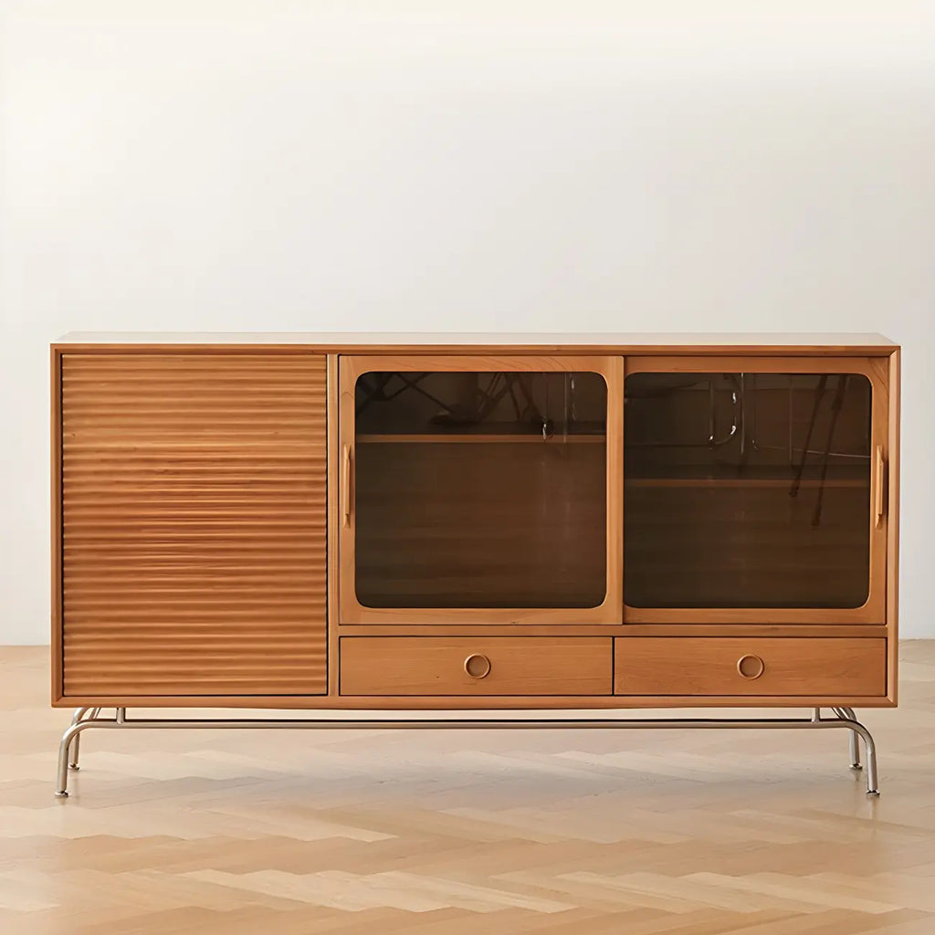 Modern Brown Pine Wood Sideboard with Glass Doors