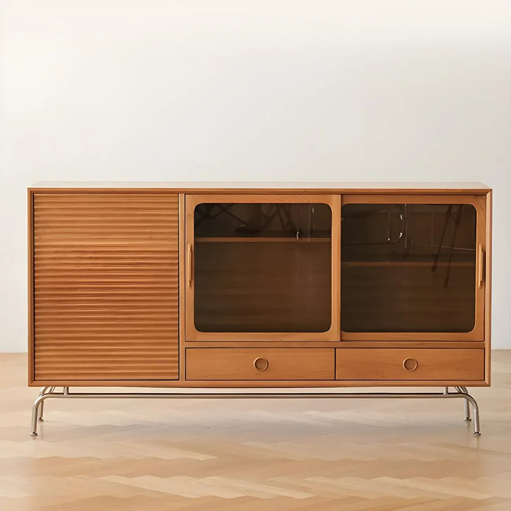 Modern Brown Pine Wood Sideboard with Glass Doors