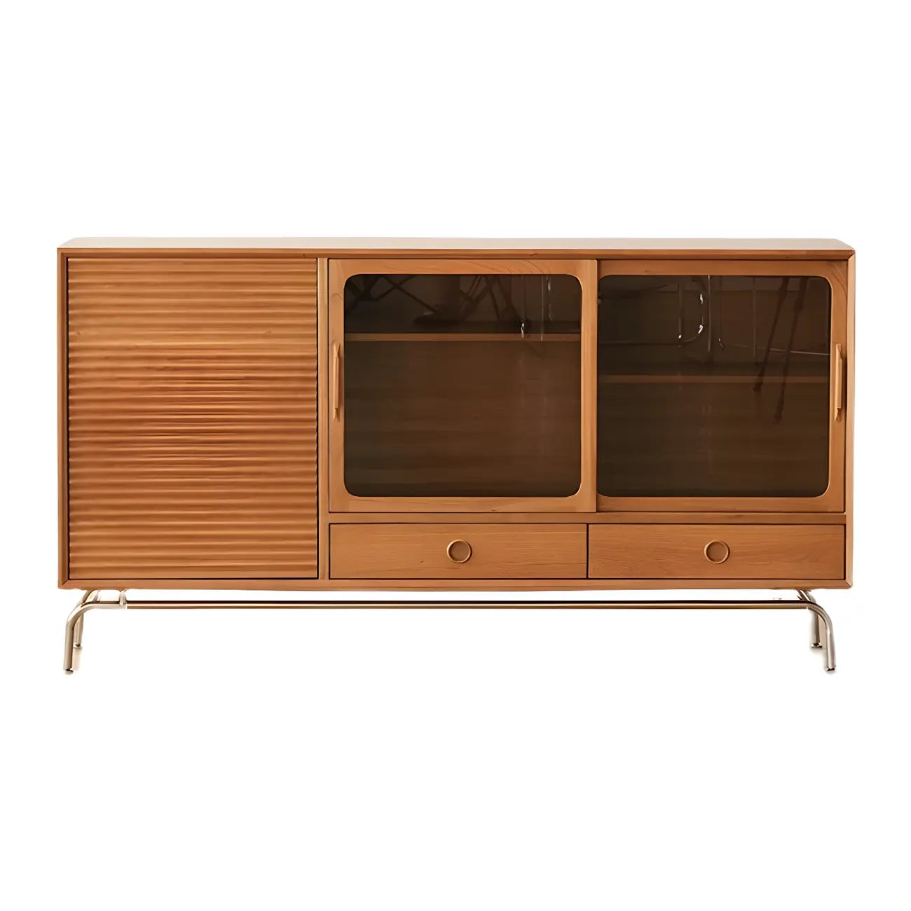 Modern Brown Pine Wood Sideboard with Glass Doors