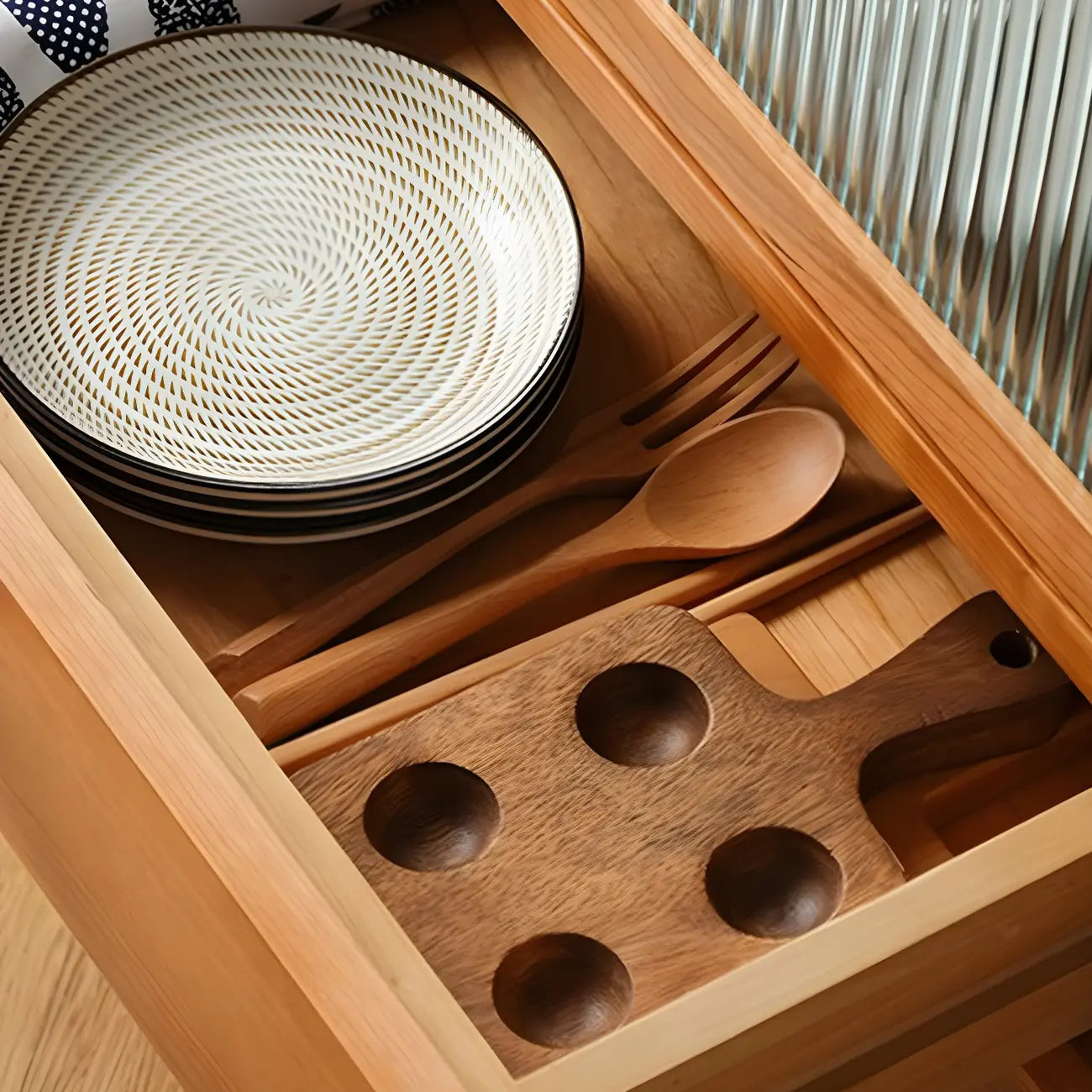Modern Brown Pine Wood Sideboard with Glass Doors