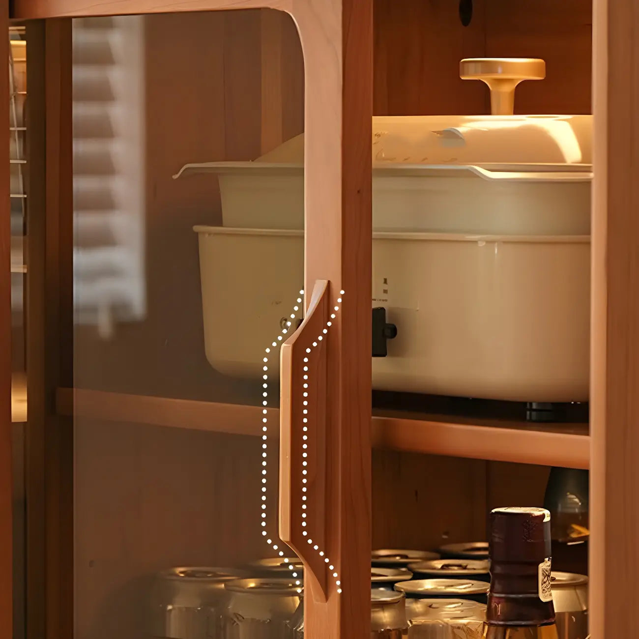 Modern Brown Pine Wood Sideboard with Glass Doors