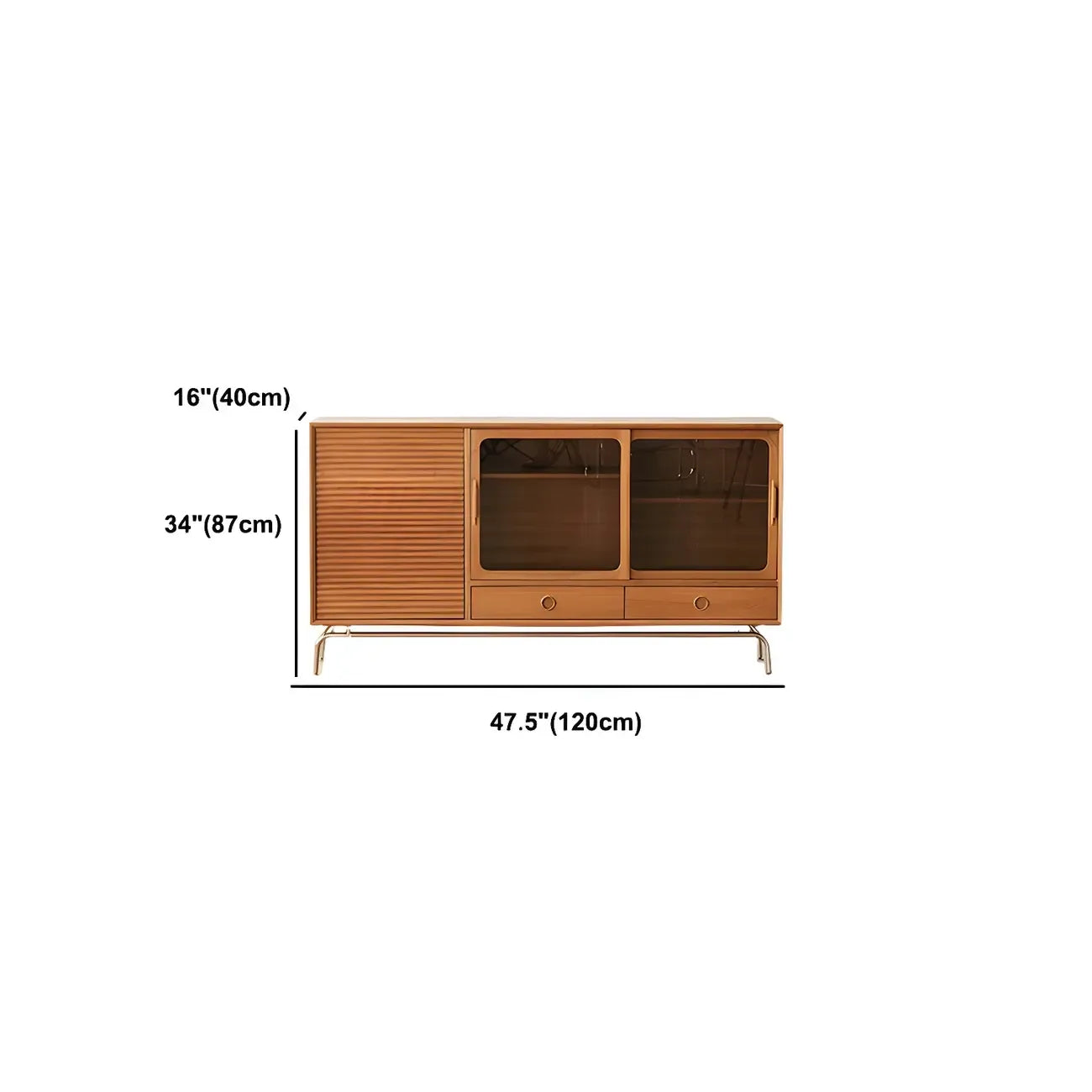 Modern Brown Pine Wood Sideboard with Glass Doors