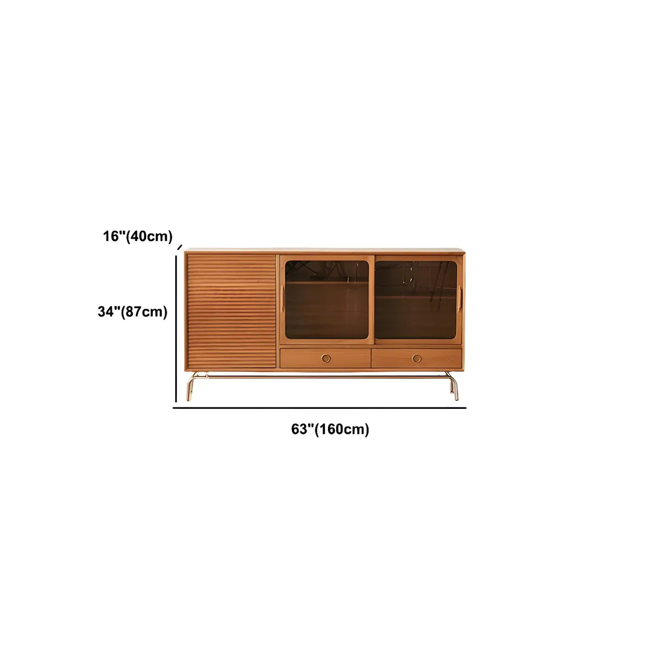 Modern Brown Pine Wood Sideboard with Glass Doors