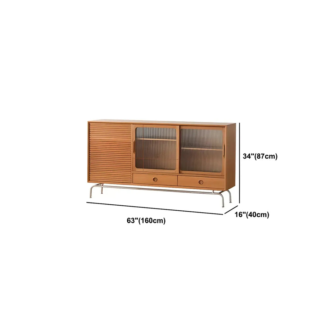 Modern Brown Pine Wood Sideboard with Glass Doors