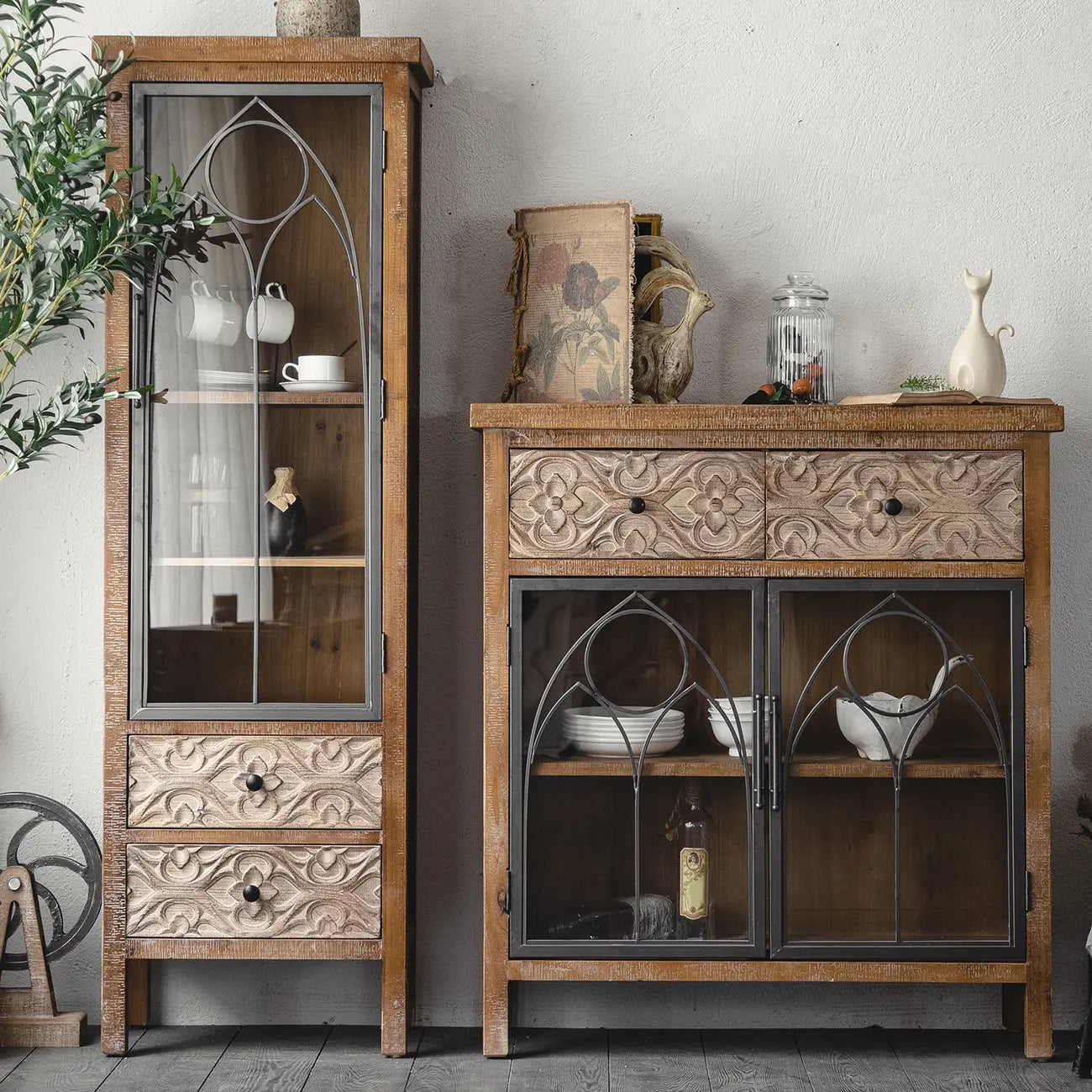 Rustic Brown Wooden Sideboard with Storage and Carving