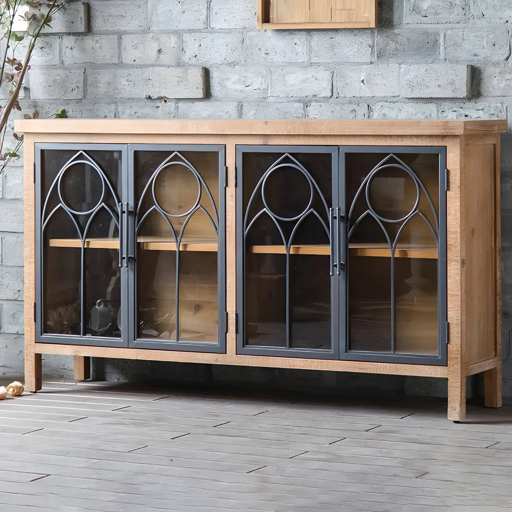 Rustic Brown Wooden Sideboard with Storage and Carving