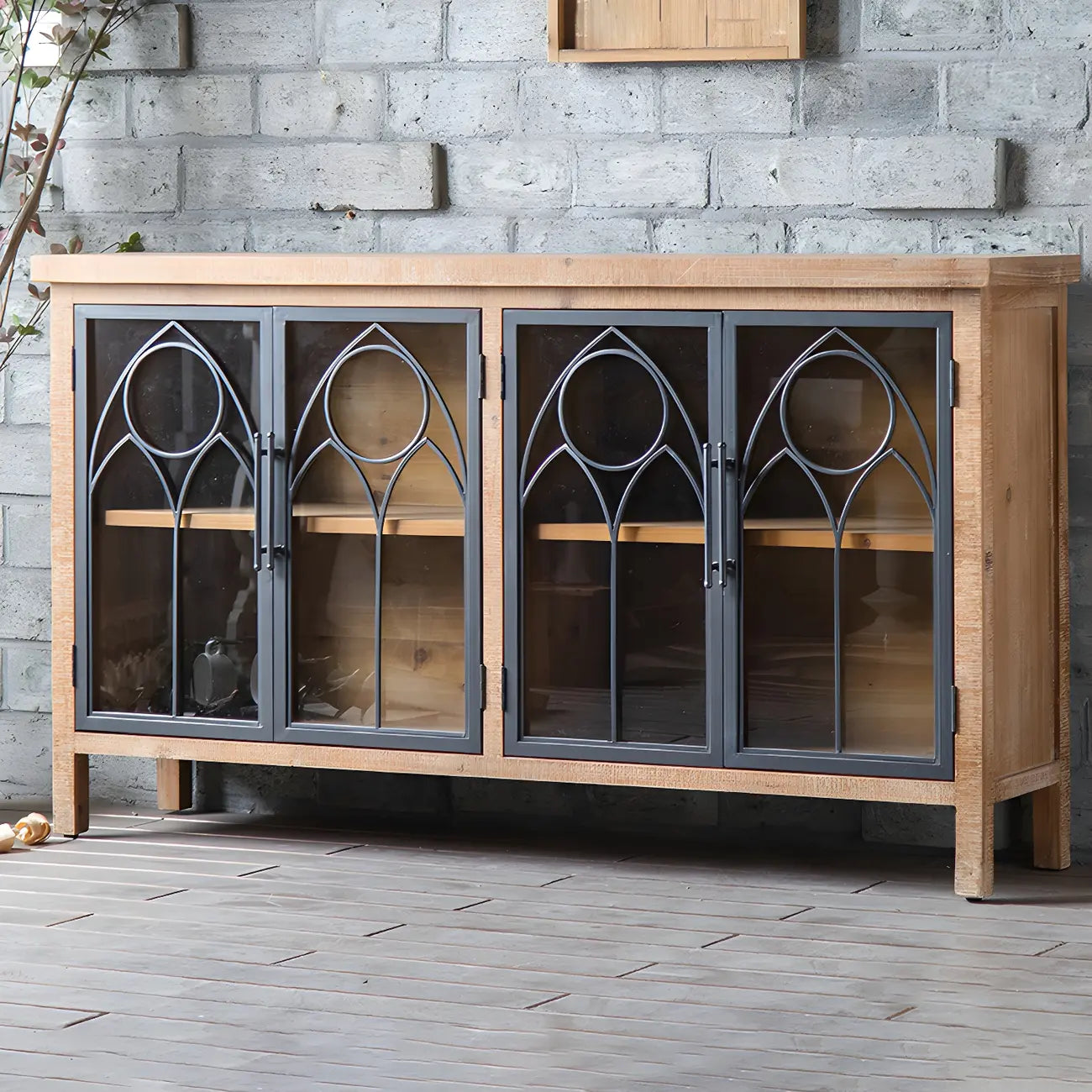 Rustic Brown Wooden Sideboard with Storage and Carving