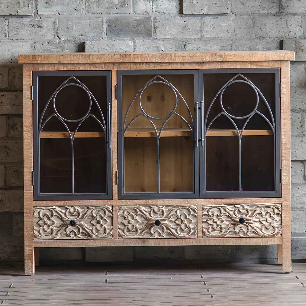 Rustic Brown Wooden Sideboard with Storage and Carving