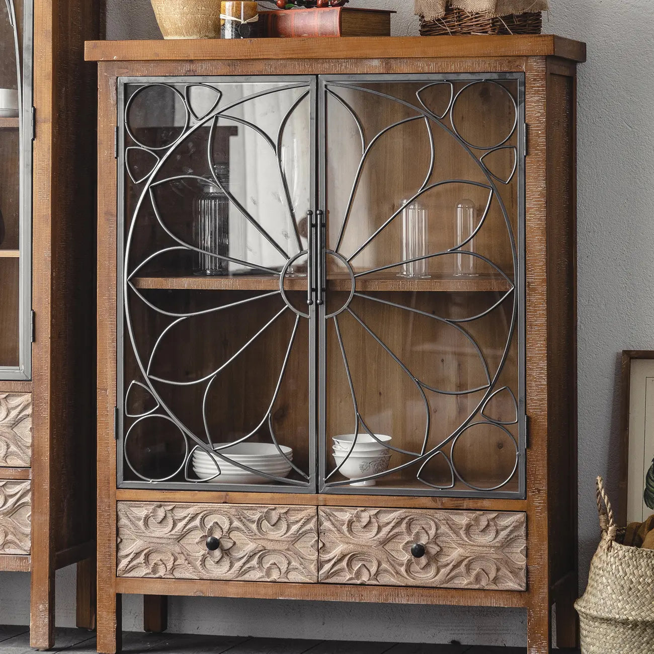 Rustic Brown Wooden Sideboard with Storage and Carving