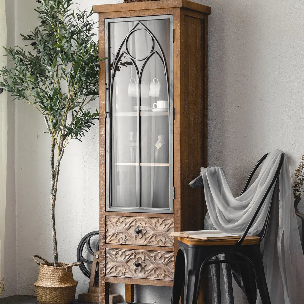 Rustic Brown Wooden Sideboard with Storage and Carving
