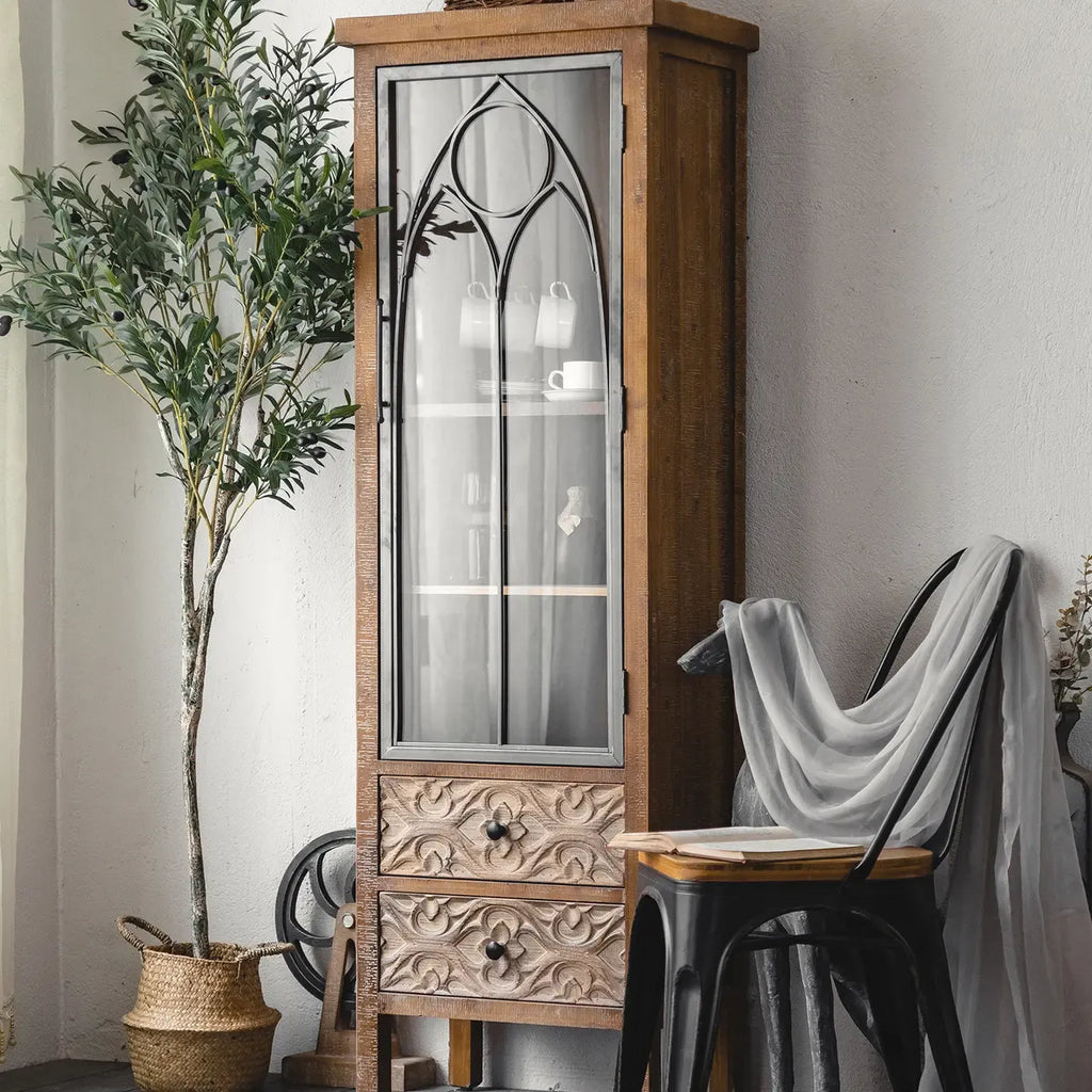 Rustic Brown Wooden Sideboard with Storage and Carving