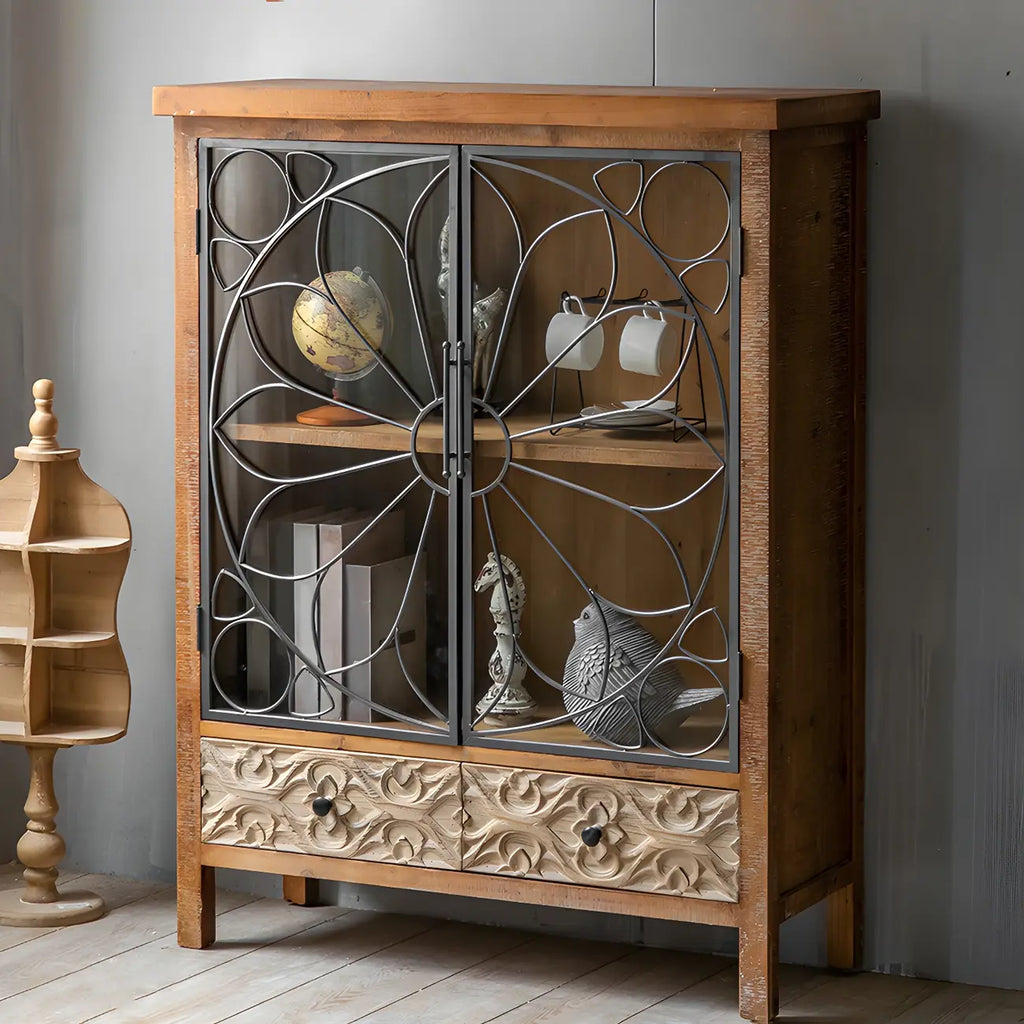 Rustic Brown Wooden Sideboard with Storage and Carving