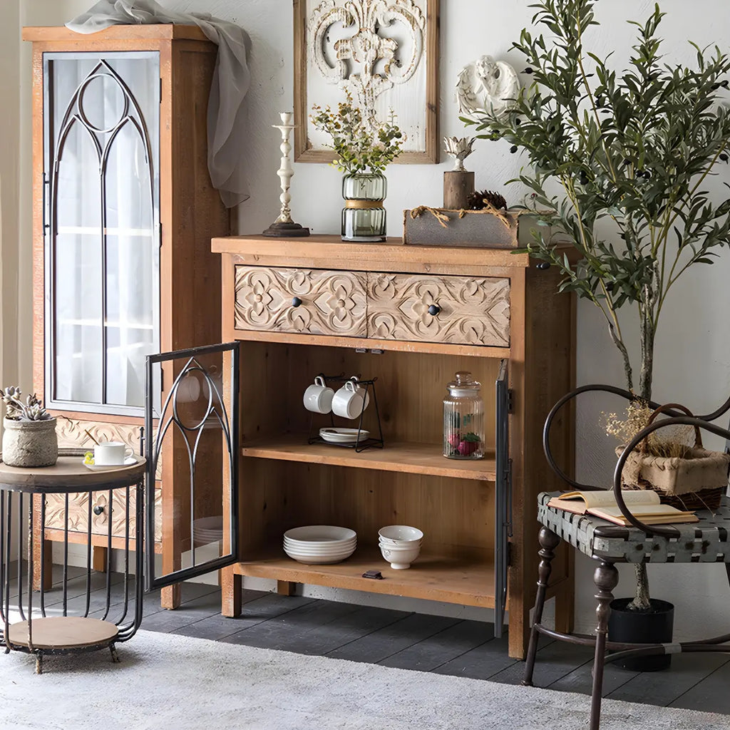 Rustic Brown Wooden Sideboard with Storage and Carving