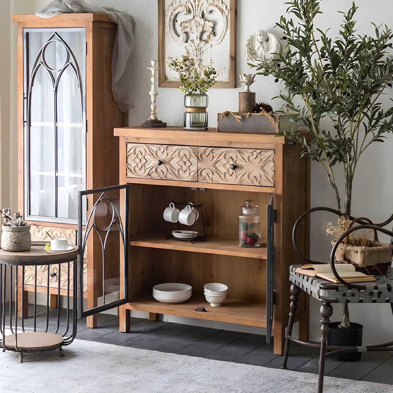 Rustic Brown Wooden Sideboard with Storage and Carving