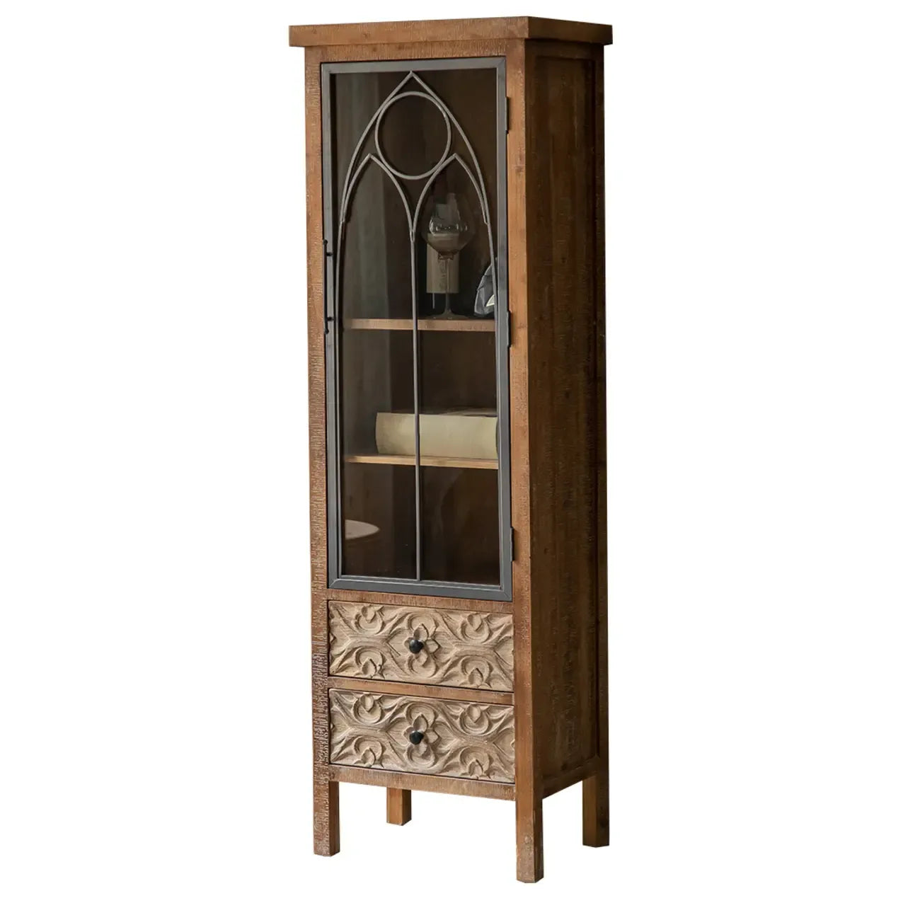 Rustic Brown Wooden Sideboard with Storage and Carving