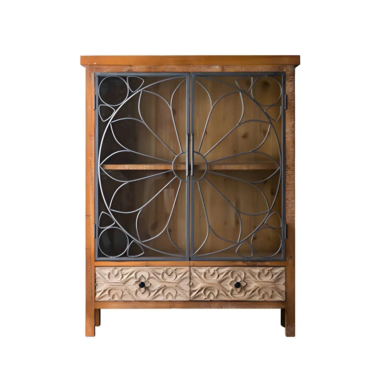 Rustic Brown Wooden Sideboard with Storage and Carving