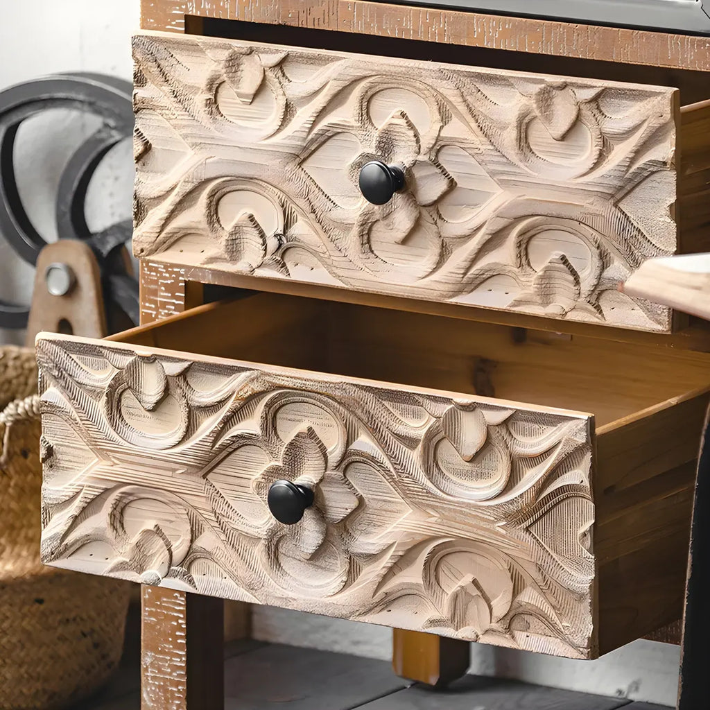 Rustic Brown Wooden Sideboard with Storage and Carving