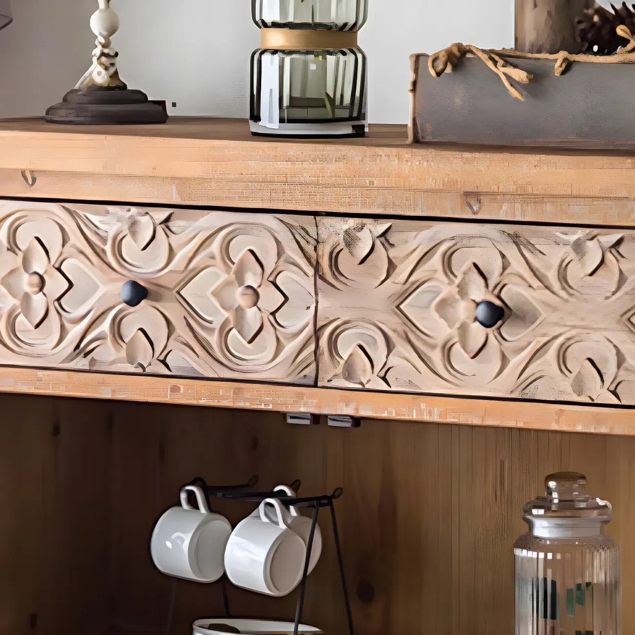 Rustic Brown Wooden Sideboard with Storage and Carving