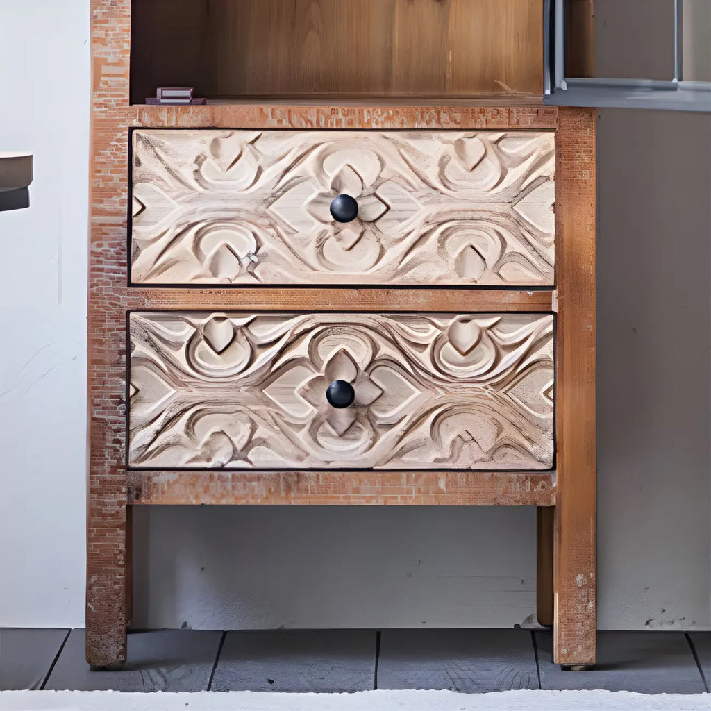 Rustic Brown Wooden Sideboard with Storage and Carving