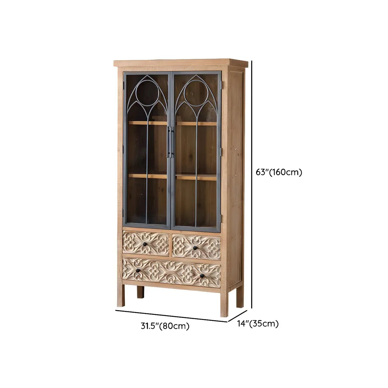 Rustic Brown Wooden Sideboard with Storage and Carving