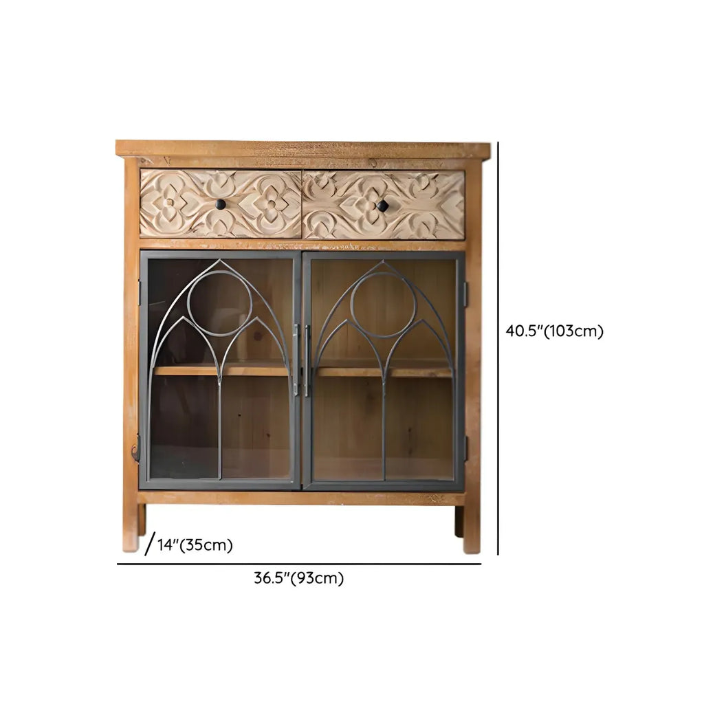 Rustic Brown Wooden Sideboard with Storage and Carving