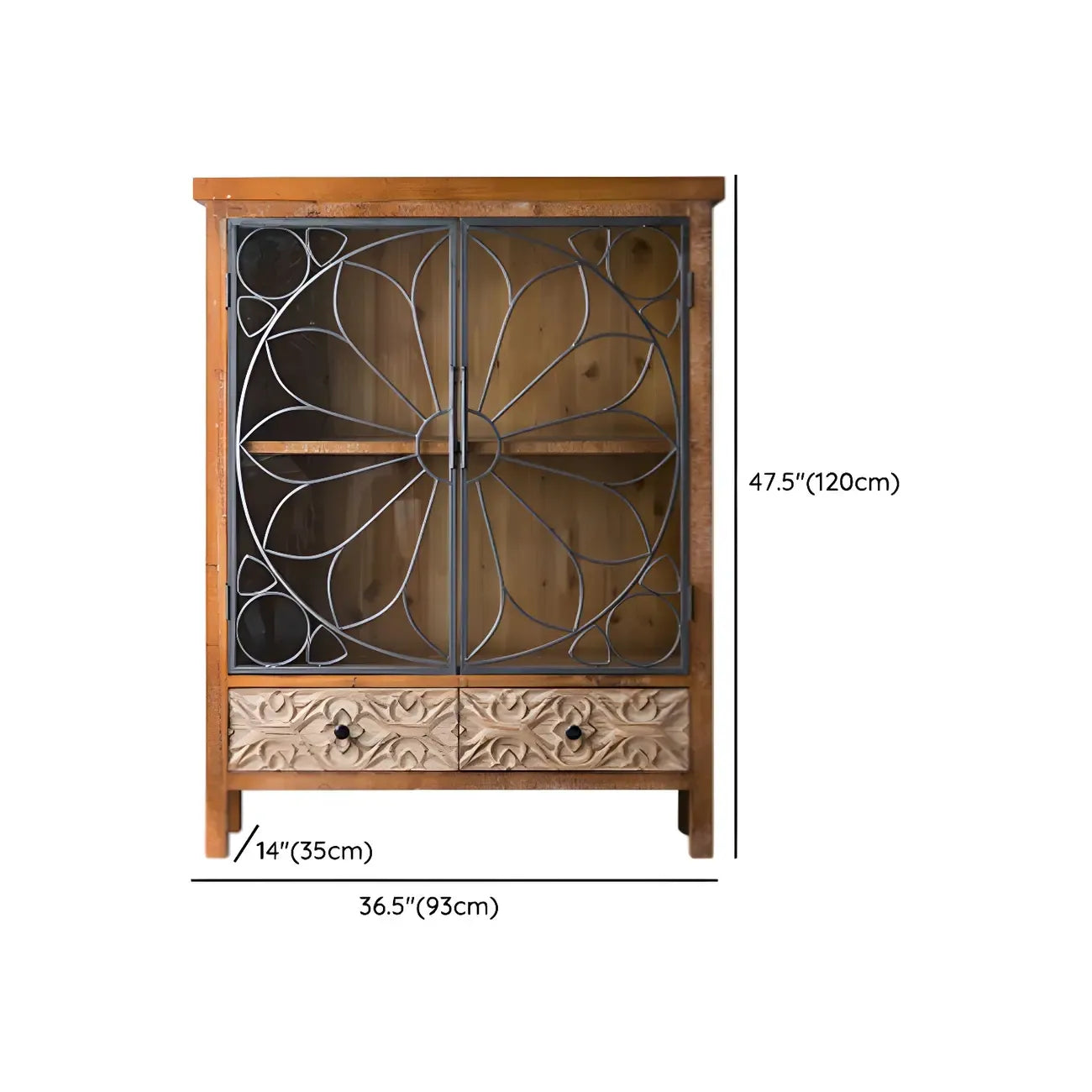Rustic Brown Wooden Sideboard with Storage and Carving