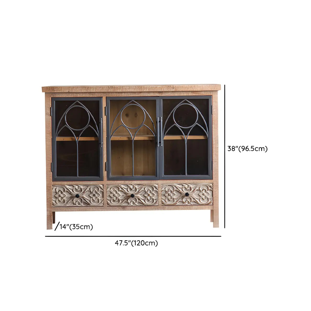 Rustic Brown Wooden Sideboard with Storage and Carving