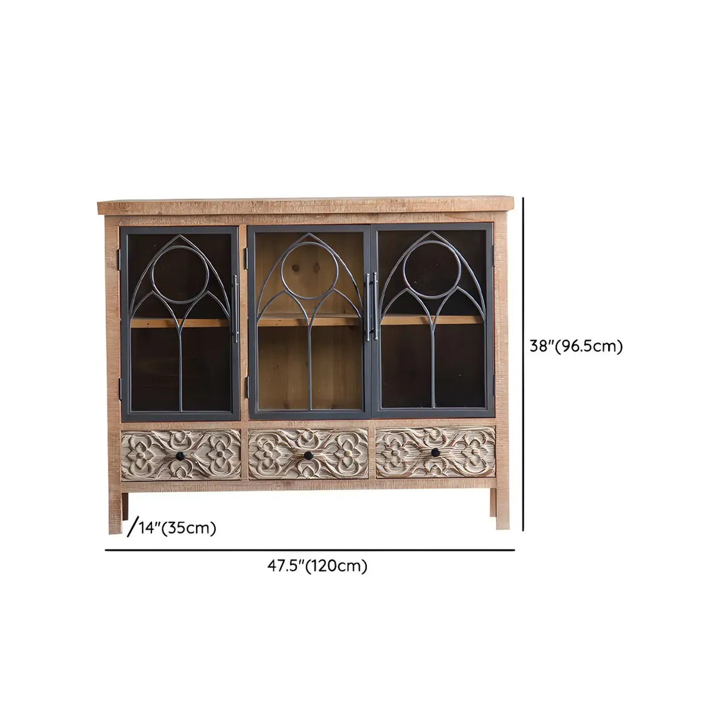 Rustic Brown Wooden Sideboard with Storage and Carving