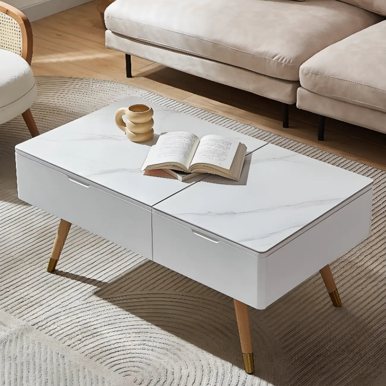 4-Legs Modern Wood White Lift-top Coffee Table with Storage