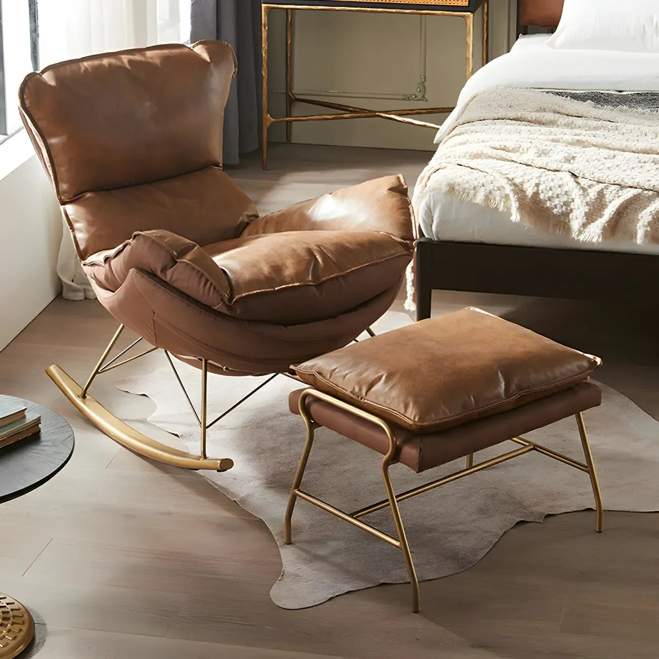 Brown Modern Upholstered Rocking Chair with Ottoman for Indoor