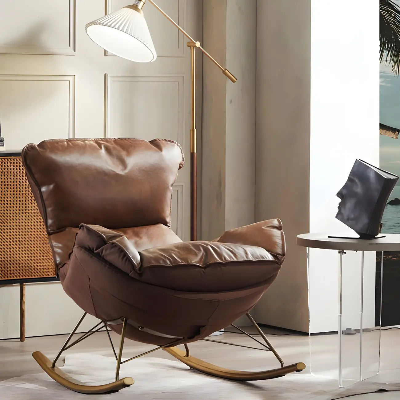 Brown Modern Upholstered Rocking Chair with Ottoman for Indoor