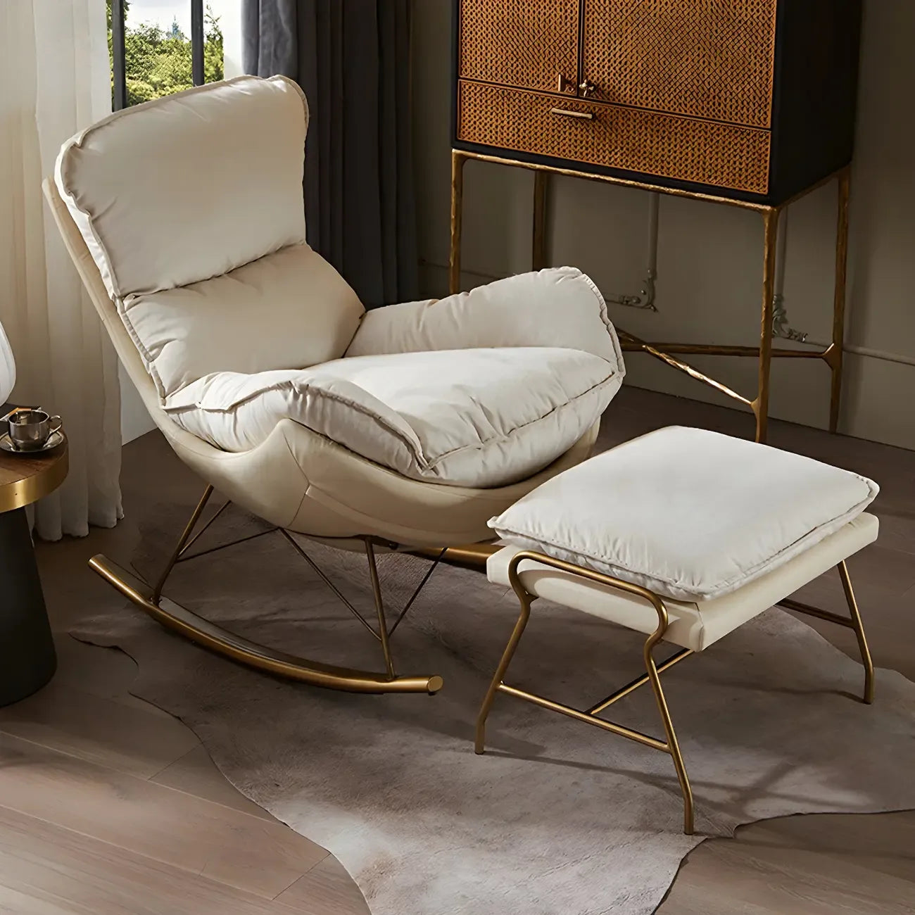 Brown Modern Upholstered Rocking Chair with Ottoman for Indoor