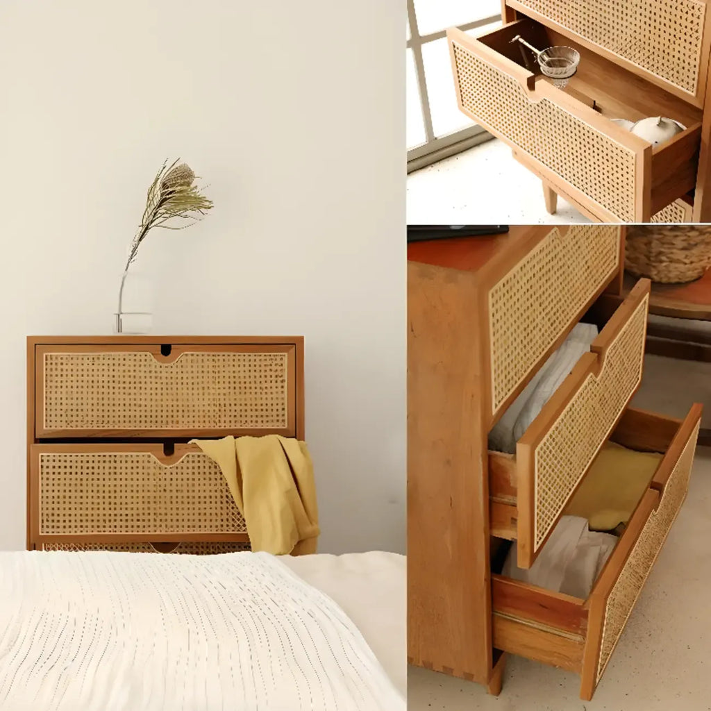 Tropical Brown Wooden 3 Drawers Rattan Chest for Storage