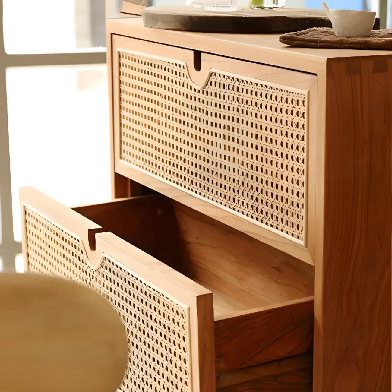 Tropical Brown Wooden 3 Drawers Rattan Chest for Storage